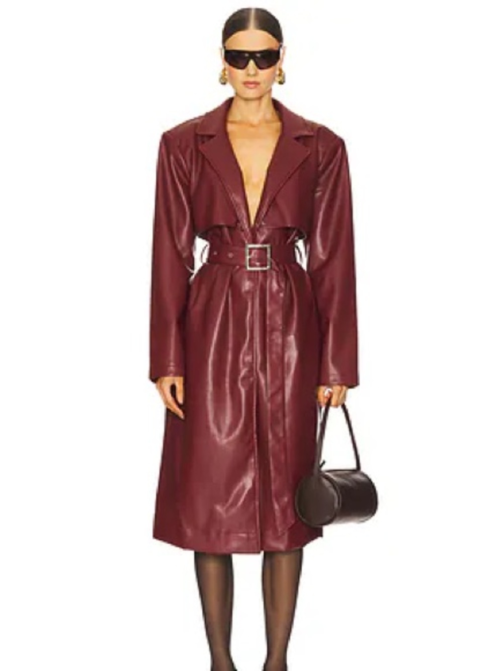 WeWoreWhat Burgundy Faux Leather Trench Coat with Waist Tie